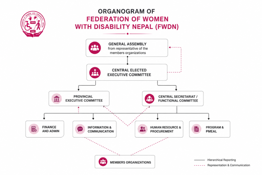 FWDN organizational chart showing the General Assembly, Central Executive Committee, provincial and central committees, four functional departments, and member organizations.